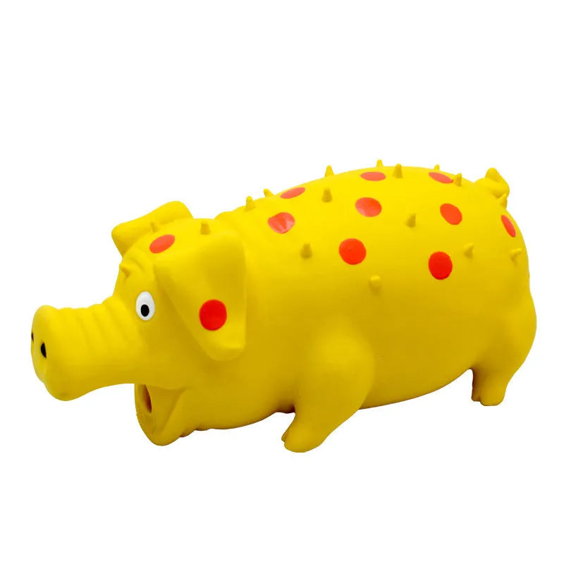 Blue pig-shaped latex dog chew toy with squeaker for aggressive chewers and teeth cleaning