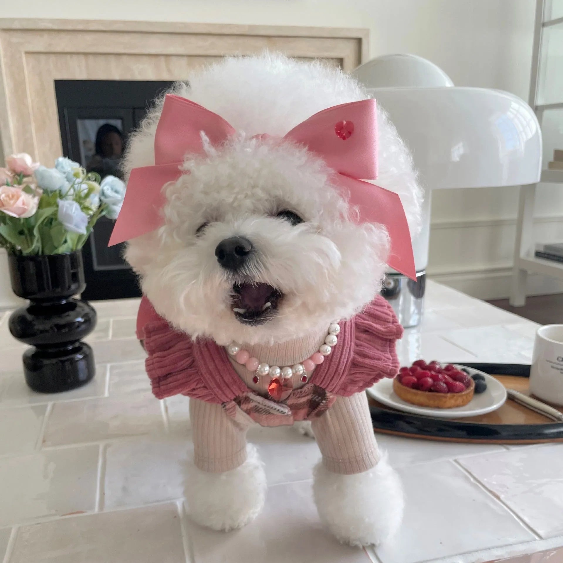 Princess style adjustable dog hair band with bow tension and jacquard polyester cotton ribbon
