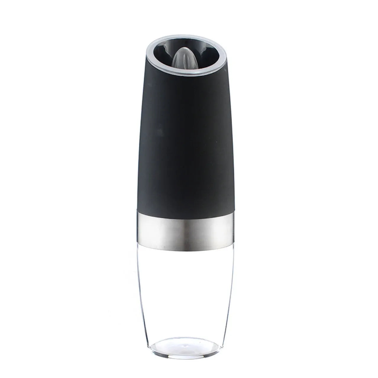 Electric gravity pepper grinder with clear acrylic body and blue LED light on a kitchen countertop