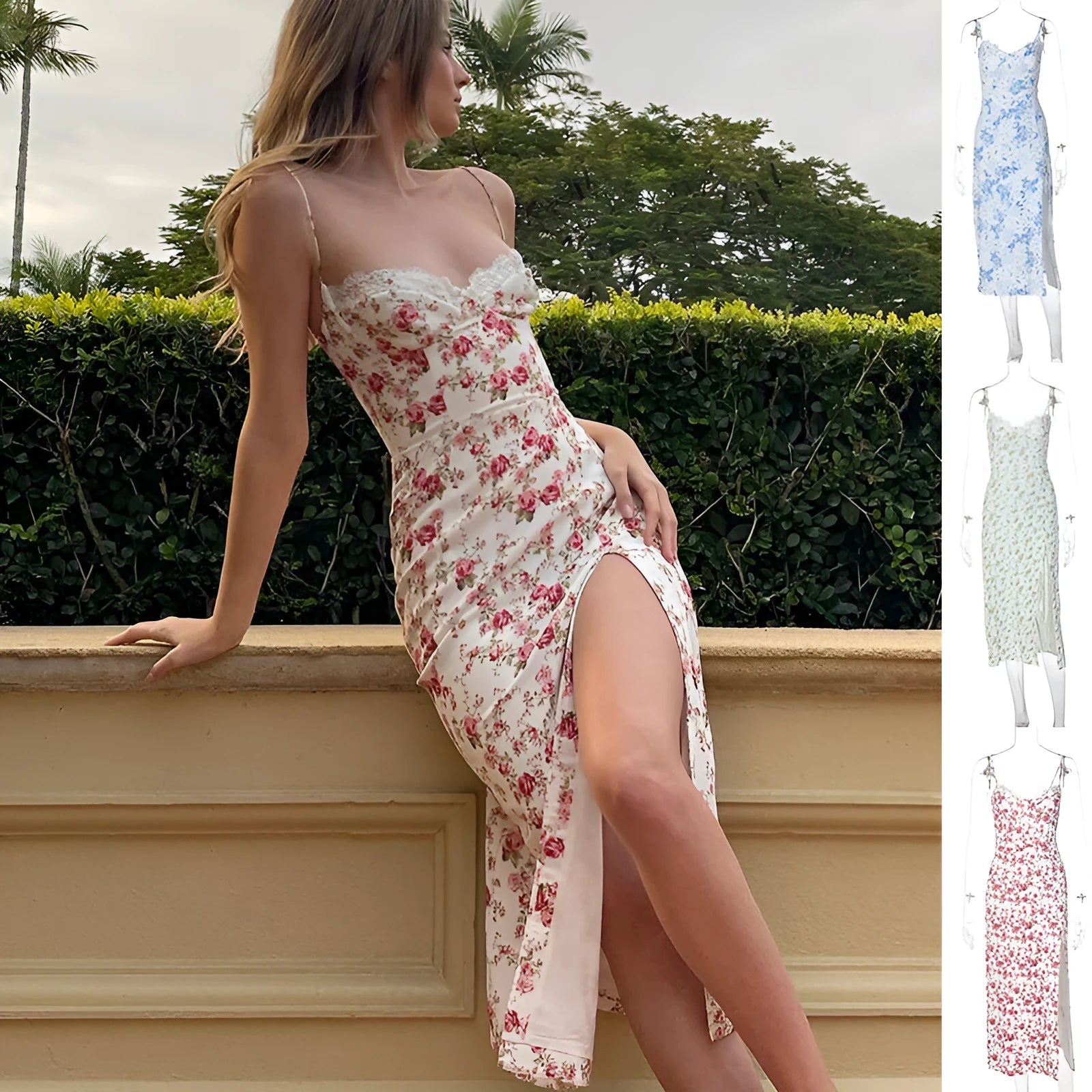 Women's long blue dress with lace flower print, suspender straps, and a high side slit.