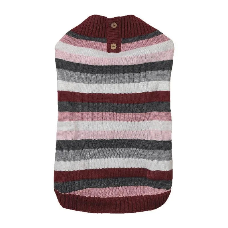 Small dog wearing grey sweater with horizontal zip and button pockets