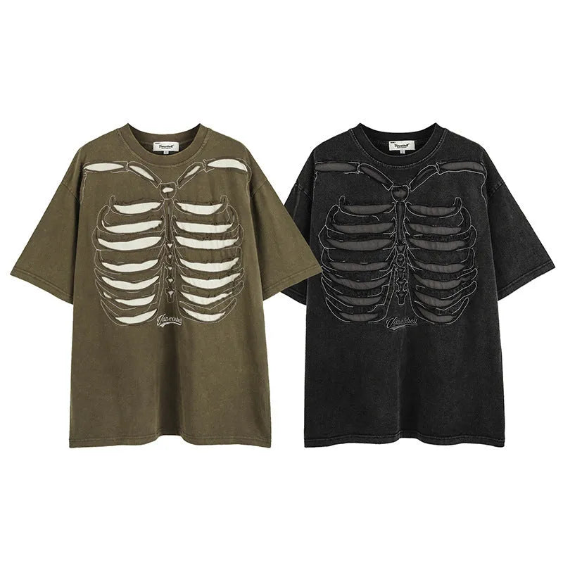 Skull pattern short sleeve pullover with drop shoulder sleeves and loose fit styling