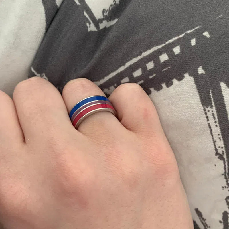 Bisexual pride stainless steel geometric ring in style 1, silver finish, size 10, unisex alternative design