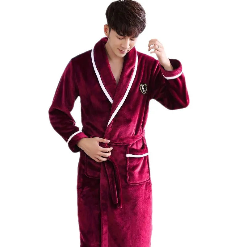 Flannel thickened long section bathrobe for men and women, wine red and white stripes, on a hanger