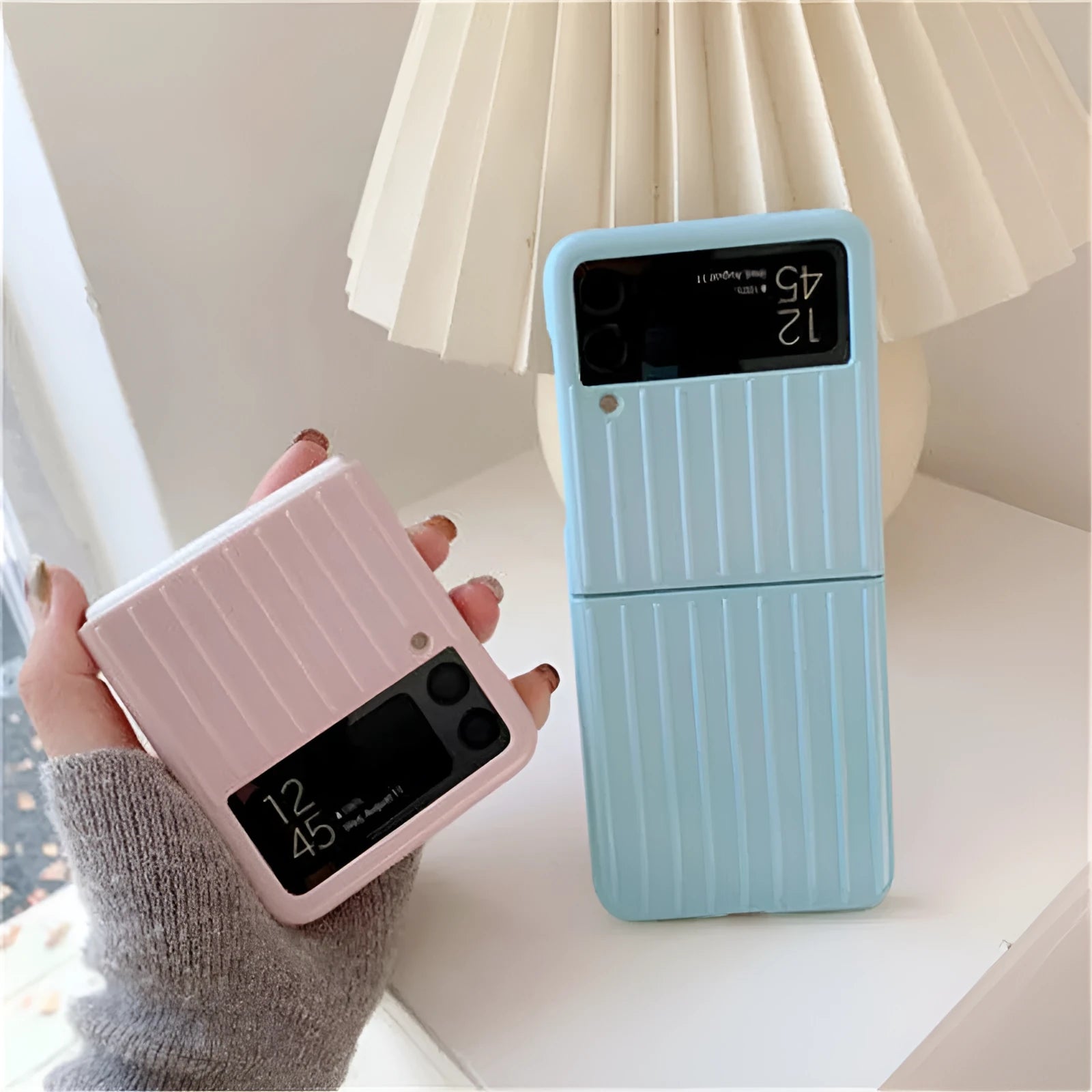 Samsung Z Flip3 ultra-thin flip case in solid colours, showing PC material construction for folding screen protection.