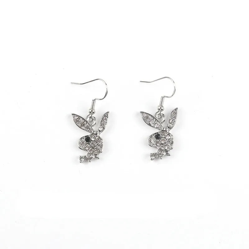 Alloy rabbit stud earrings with full diamond accents in silver, gold, and pink colour options