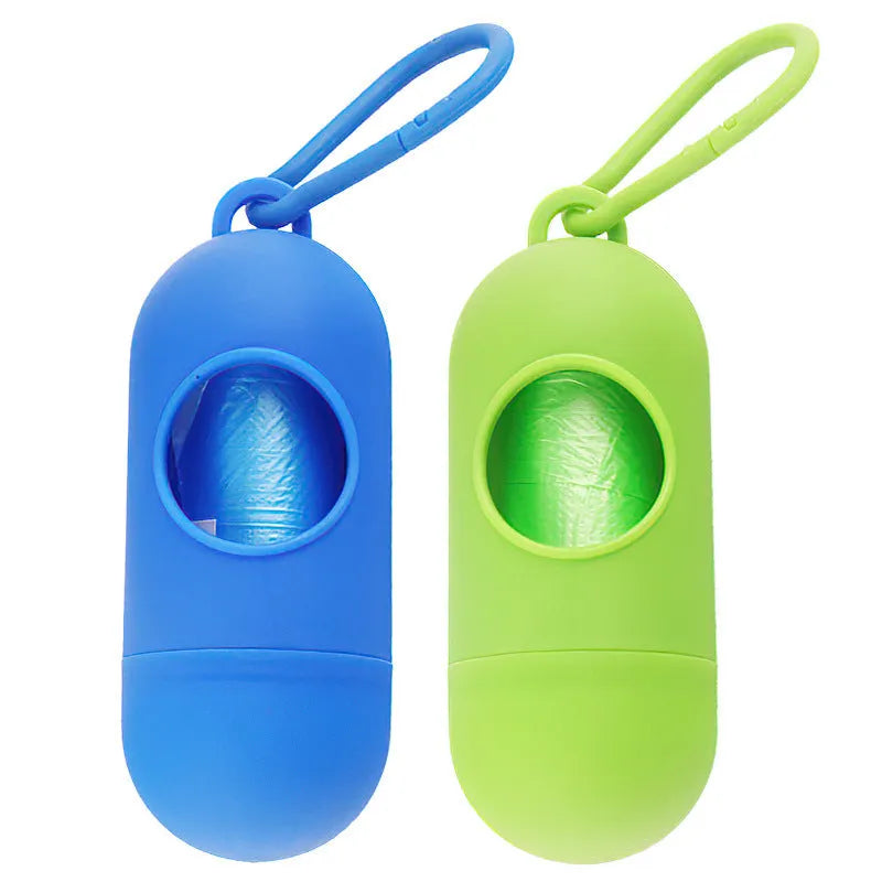 Compact dog poop bag holder with hook and Velcro strap attached to a leash handle, available in multiple colours