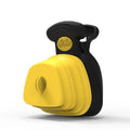 Portable handheld dog pooper scooper with carabiner clip and waste bag compartment, shown in blue, green, grey, or yellow.