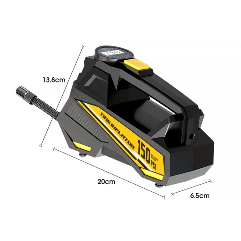 Black portable electric tyre inflator with digital display and 12V vehicle power plug