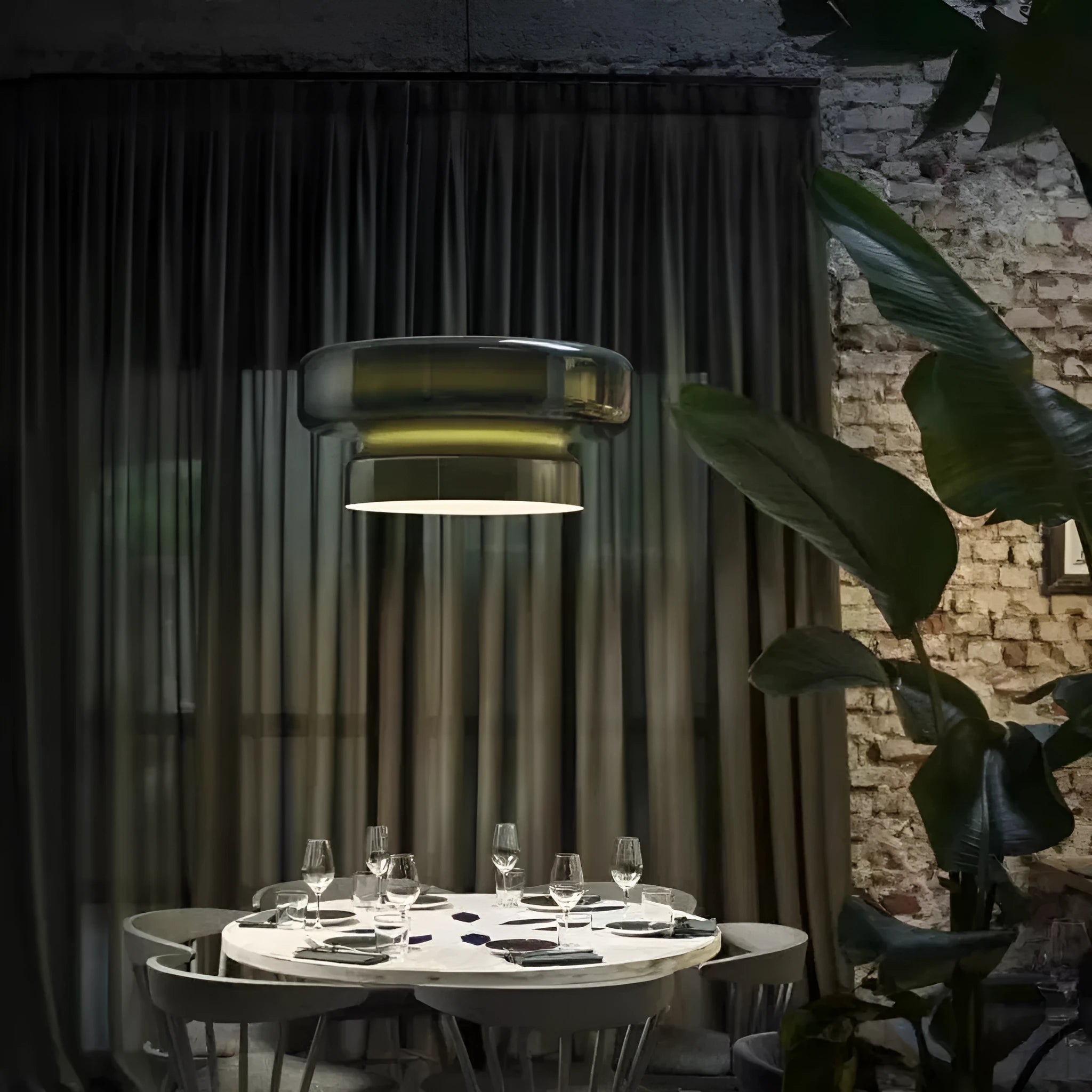 Modern square glass chandelier ceiling light with colour filters in milky white, purple, green, and brown.