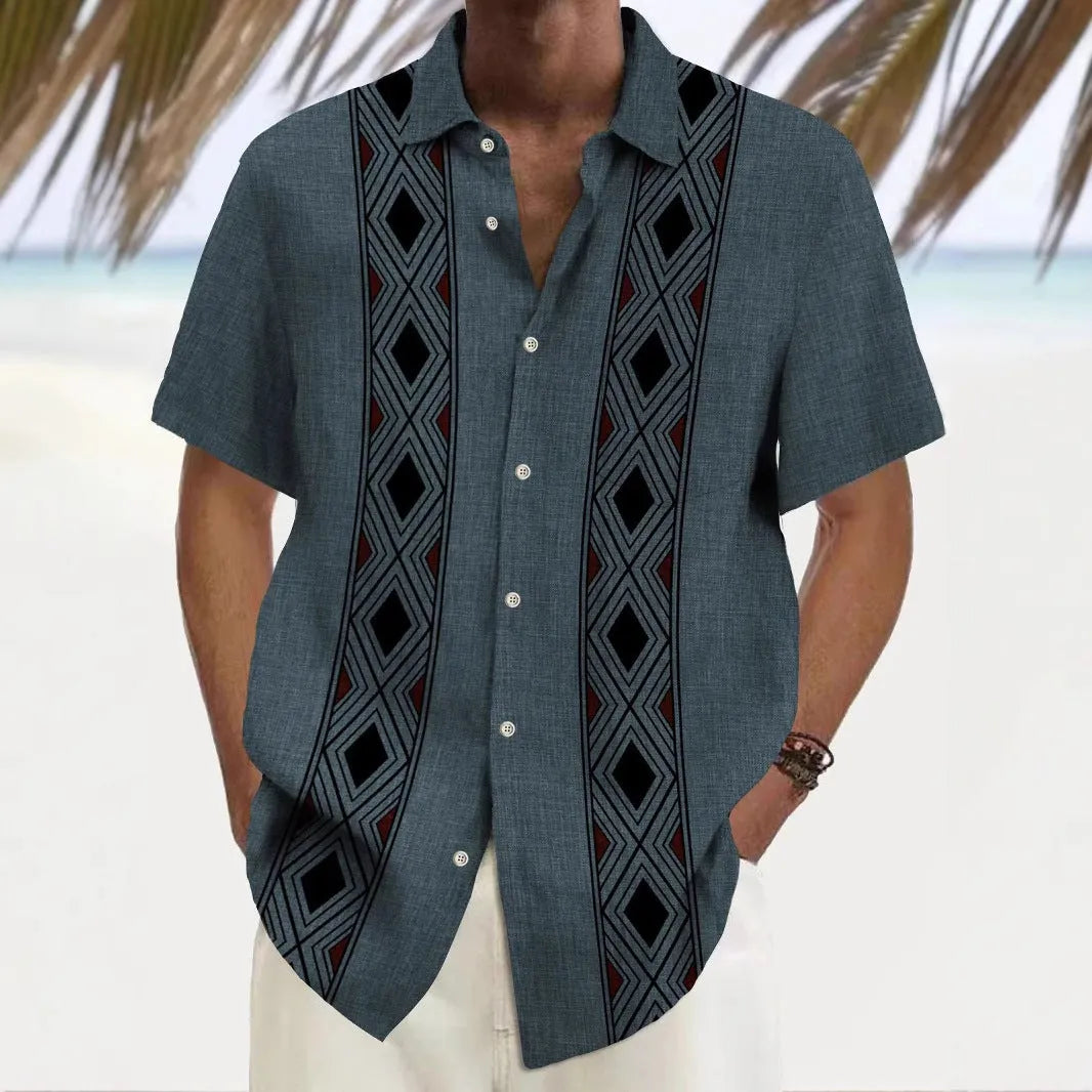 Multicolour printed loose-fitting men's polyester leisure shirt in cardigan style