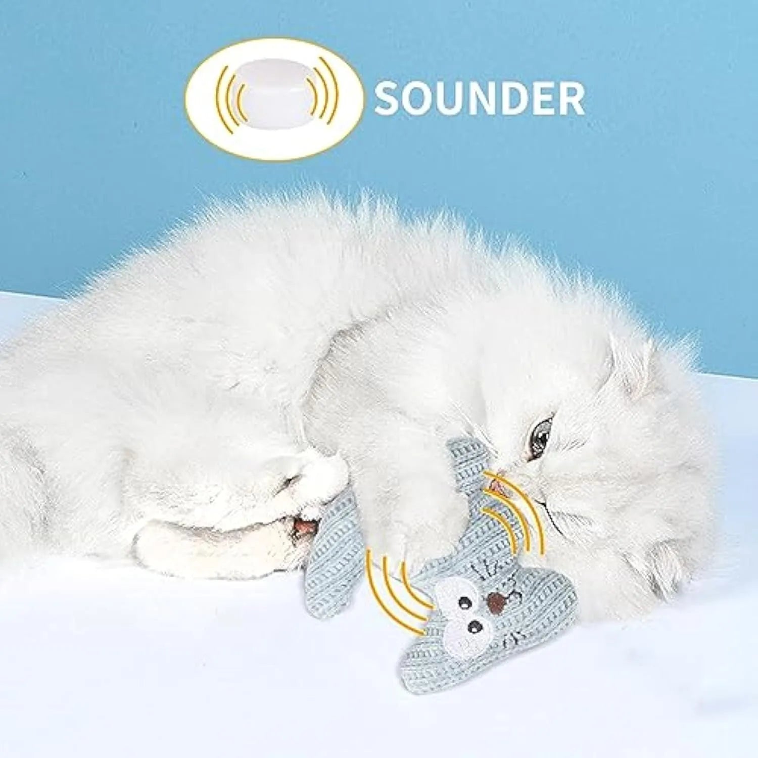 Cyan knitted plush cat toy with bell measuring 12cm by 11cm for cats to chew and play with