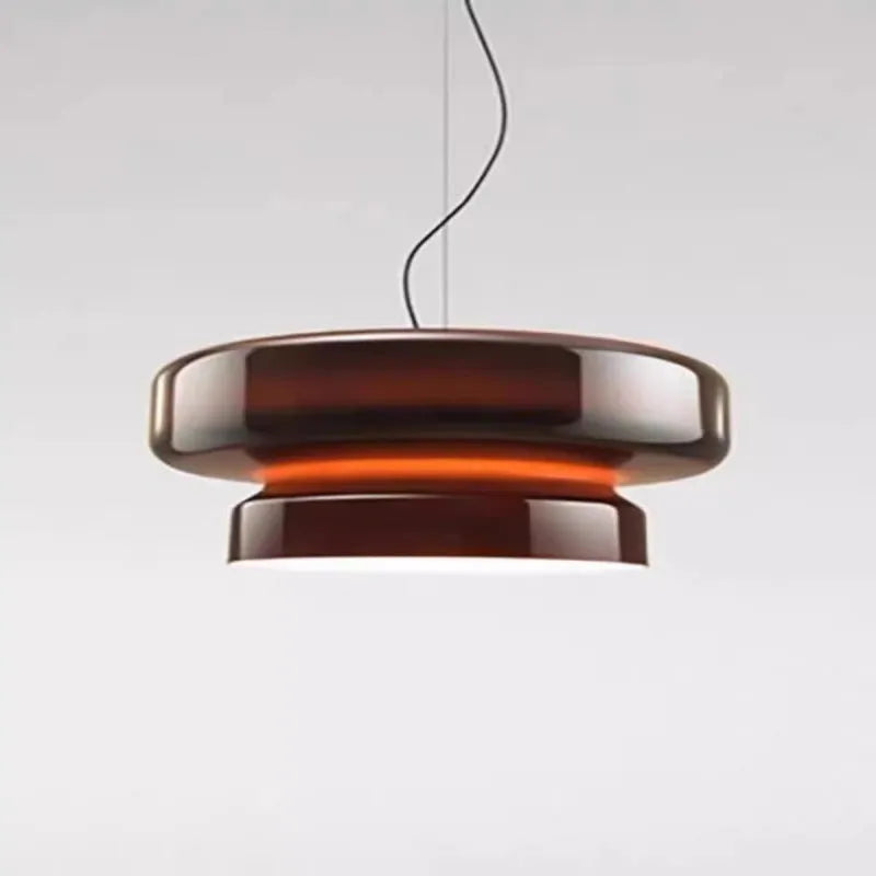 Modern square glass chandelier ceiling light with colour filters in milky white, purple, green, and brown.