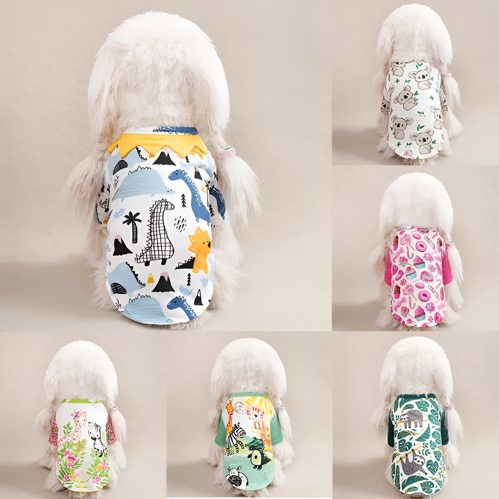 Printed polyester dog t-shirt for small dogs showing colourful design with size options S to XXL