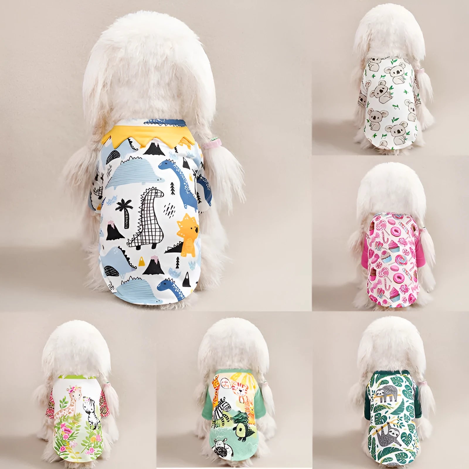 Printed polyester dog t-shirt for small dogs showing colourful design with size options S to XXL