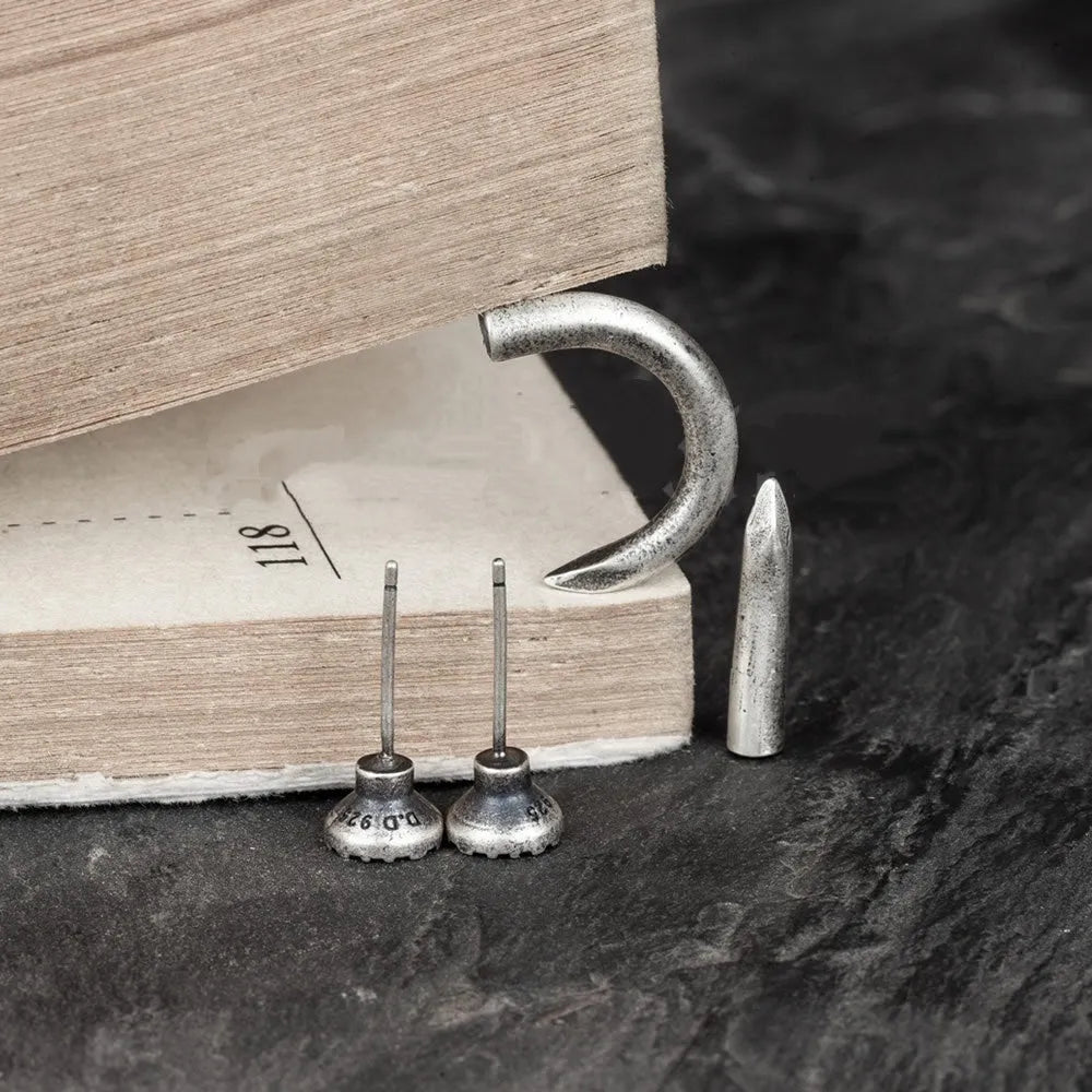 S925 sterling silver punk nail stud earrings in straight and curved nail designs