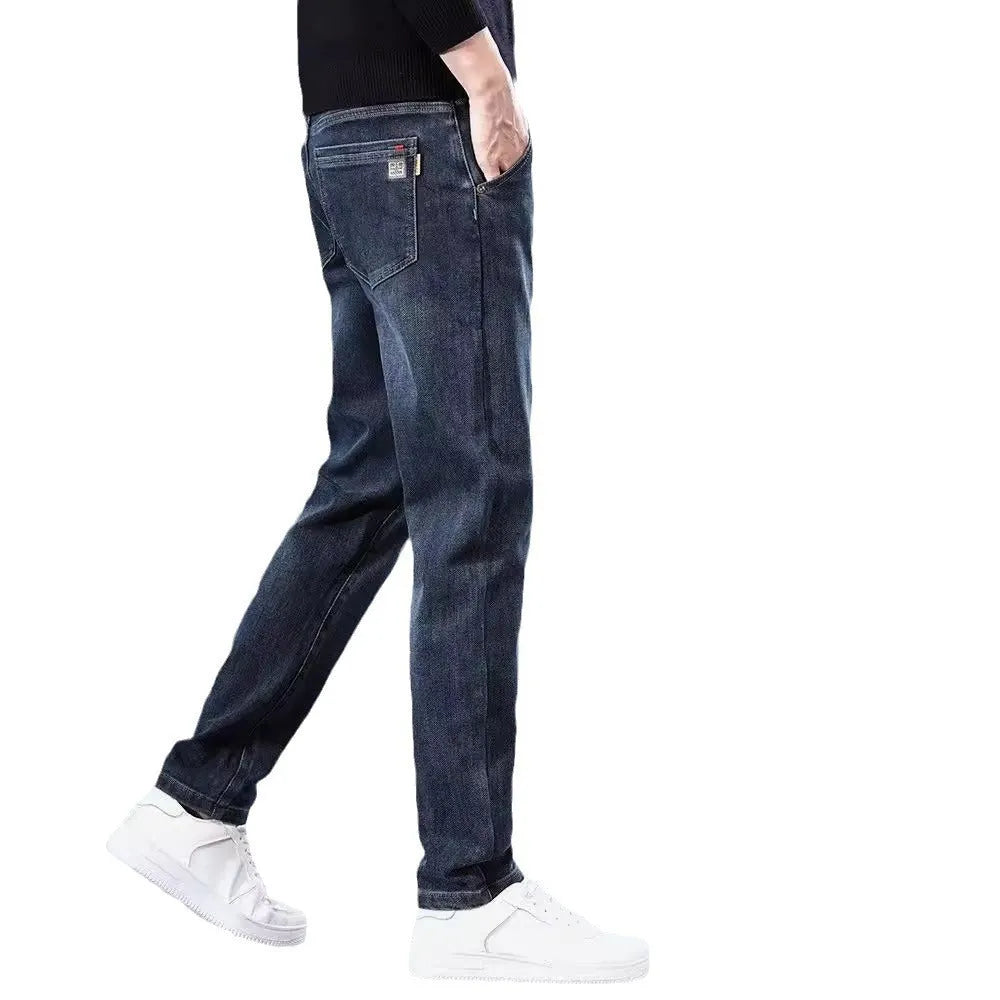 Blue grey slim straight casual trousers with mid waist and pencil pants silhouette for street fashion