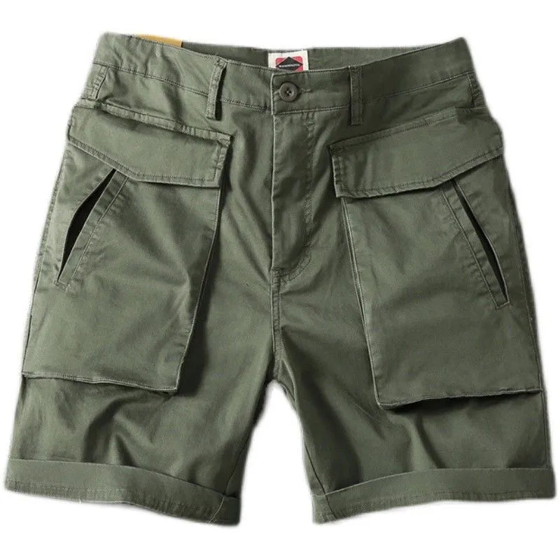 Men's straight-leg cotton cargo shorts in khaki with multiple pockets and micro-elastic stretch.