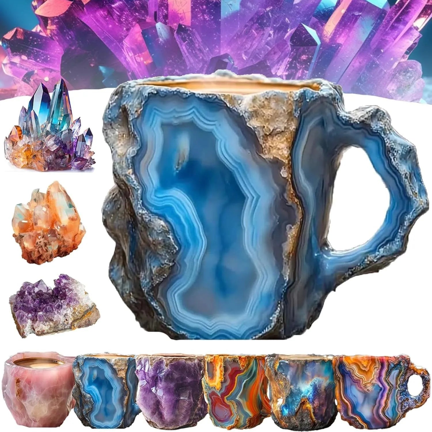 Clear resin coffee mug with handle showing internal crystal structure, 400ml capacity.