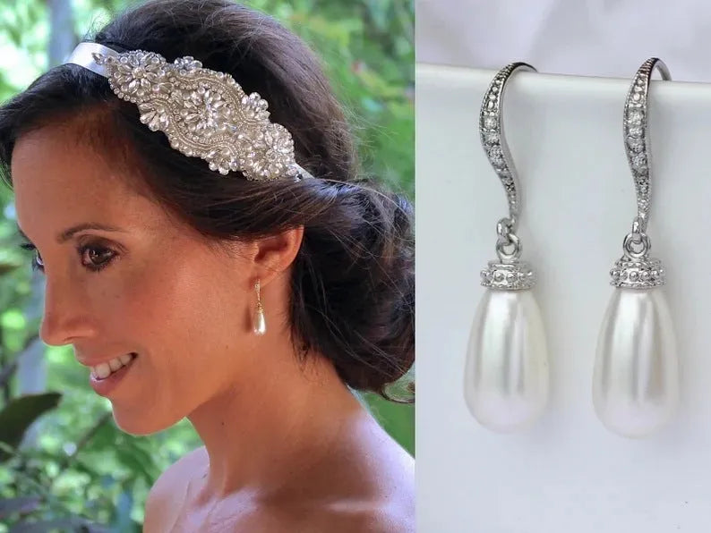 Silver alloy drop earrings with fully-inlaid artificial freshwater pearl and shell pearl surface