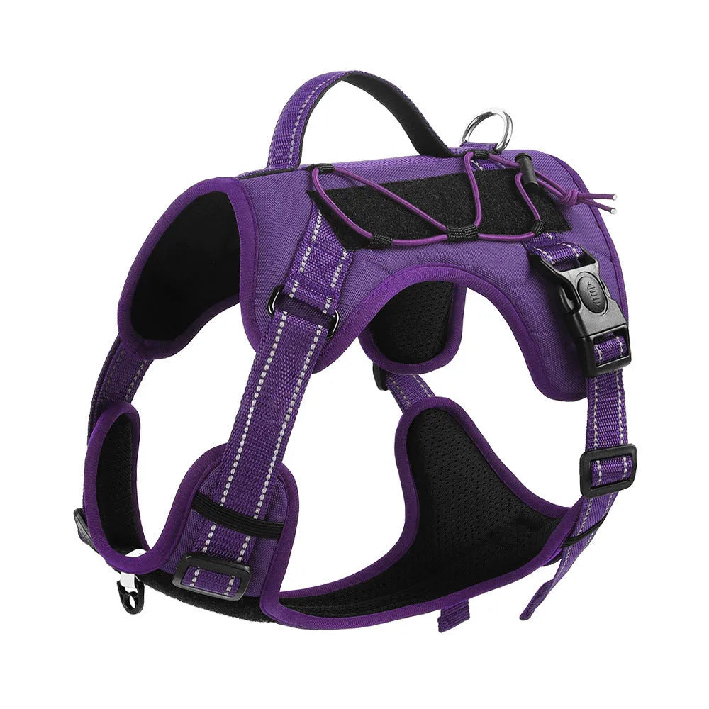Reflective dog harness vest with integrated hand-holding rope leash in orange colour showing explosion-proof chest strap design