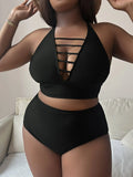 Plus size black halter bikini with adjustable straps and high waist briefs