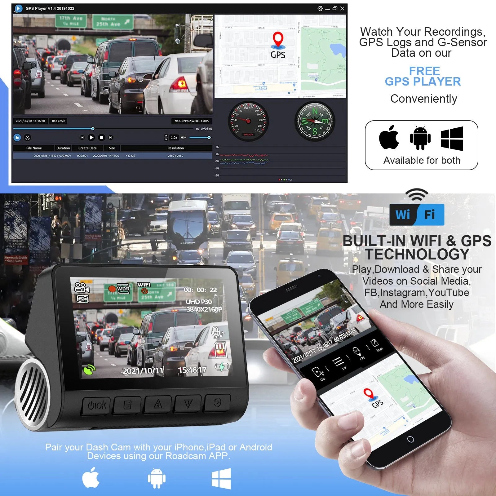 V55 4K UHD night vision car camera in black with lens, mounted on front windshield