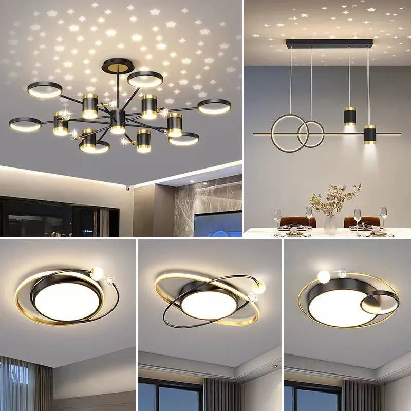 Black iron star chandelier ceiling light with 13 LED heads and remote control