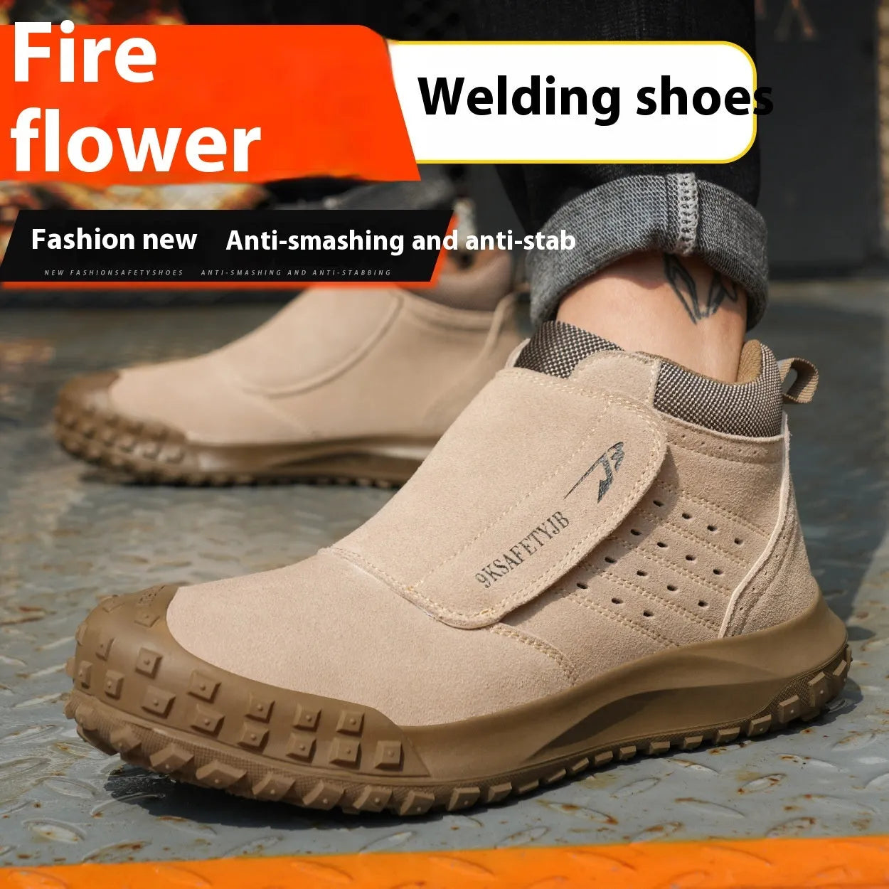 Lightweight welder safety shoes with steel toe cap in sand colour and grey, showing lace-up front and rubber sole.
