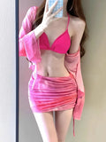 Blue high-waisted women's bikini four-piece set showing shirt, bra, underwear, and skirt.