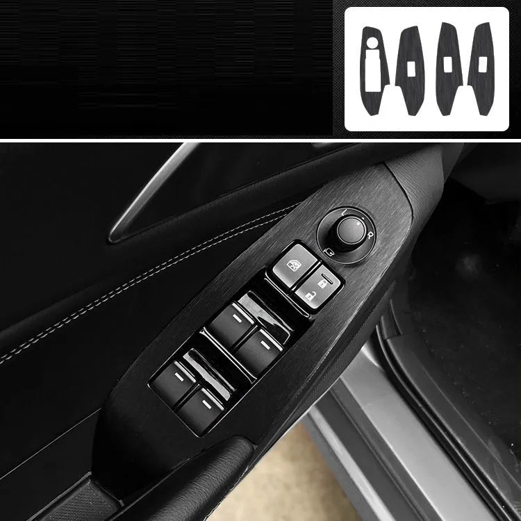 Car interior decorative film sticker kit showing carbon fibre pattern applied to centre console and dashboard