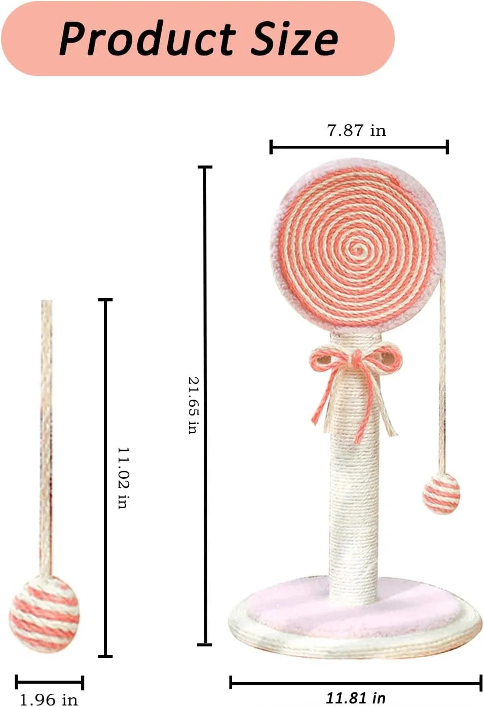 Blue cat scratching post with sisal rope centre and a hanging ball on a sturdy wooden base.