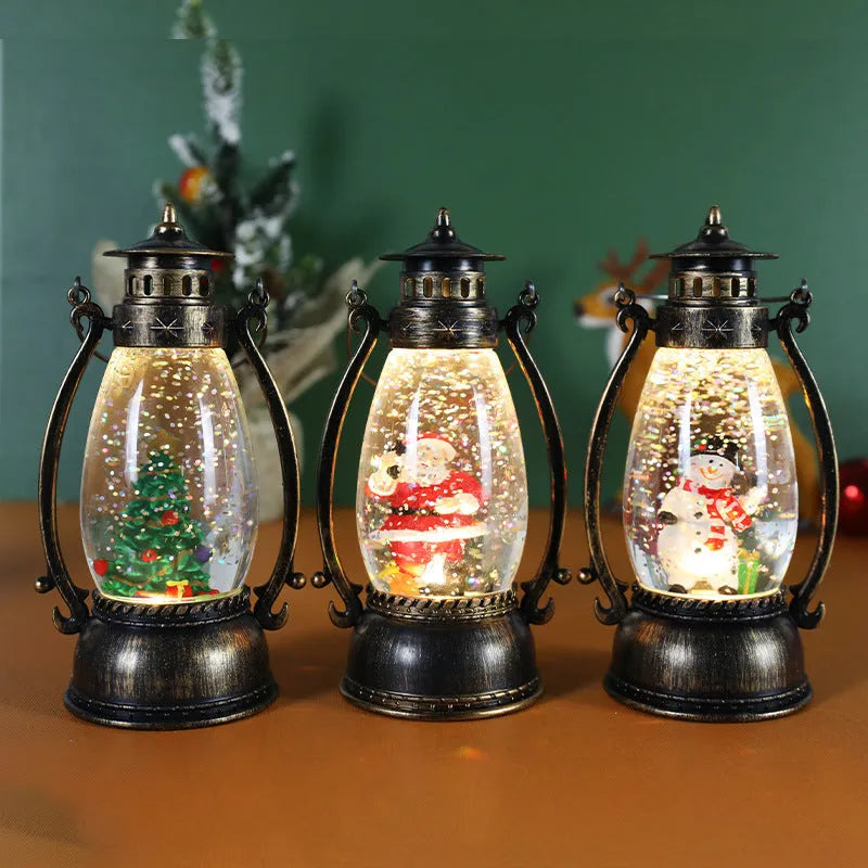 LED crystal ball oil lamp Christmas decoration with snowman or elderly figure inside coloured paper globe