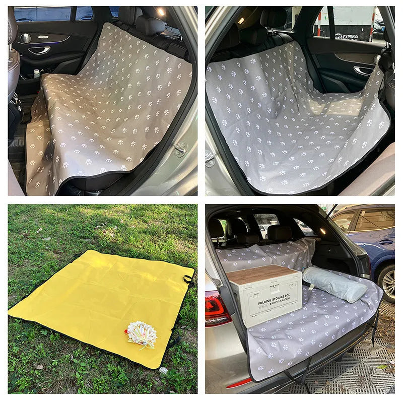 Grey dog bone print water resistant car pet mat measuring 140x110cm on a car rear seat.