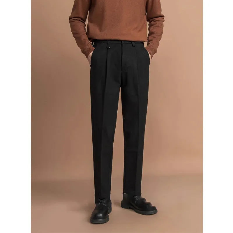 Men's straight leg trousers in dark grey with draped casual styling for winter business casual wear