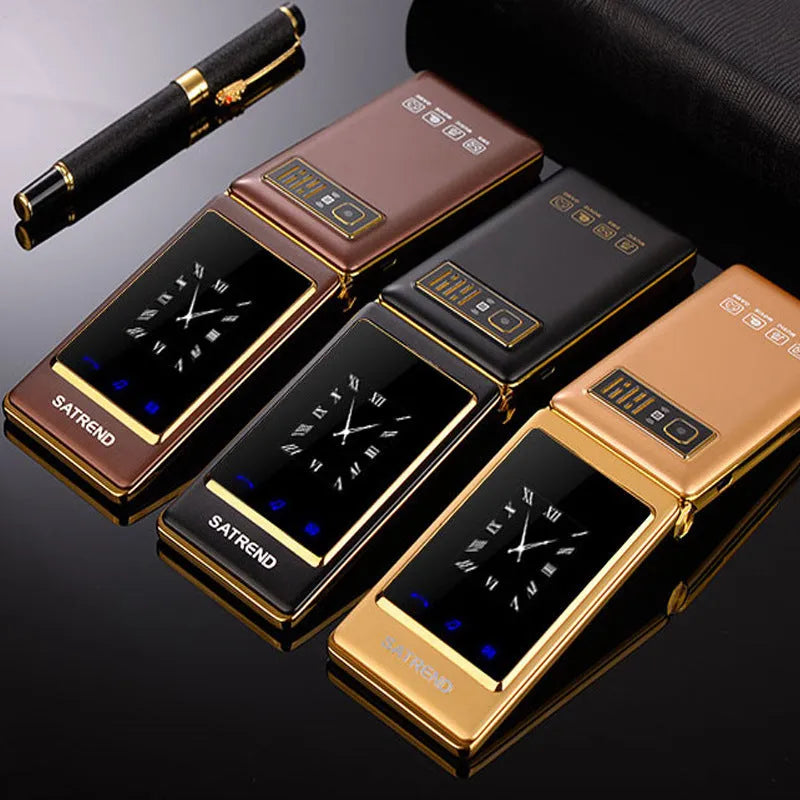 A15 dual screen flip mobile phone in black showing open 3-inch touchscreen and closed 1.44-inch external screen.