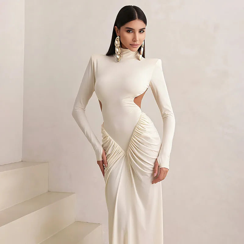 Women's high collar slim fit dress with pleated backless design in light apricot colour