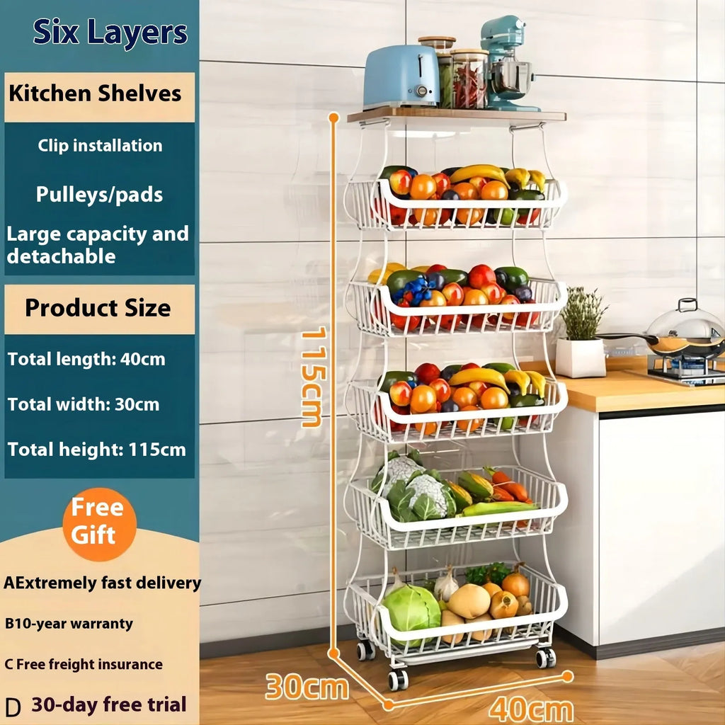Black freestanding six-layer metal kitchen storage shelf unit on a floor.
