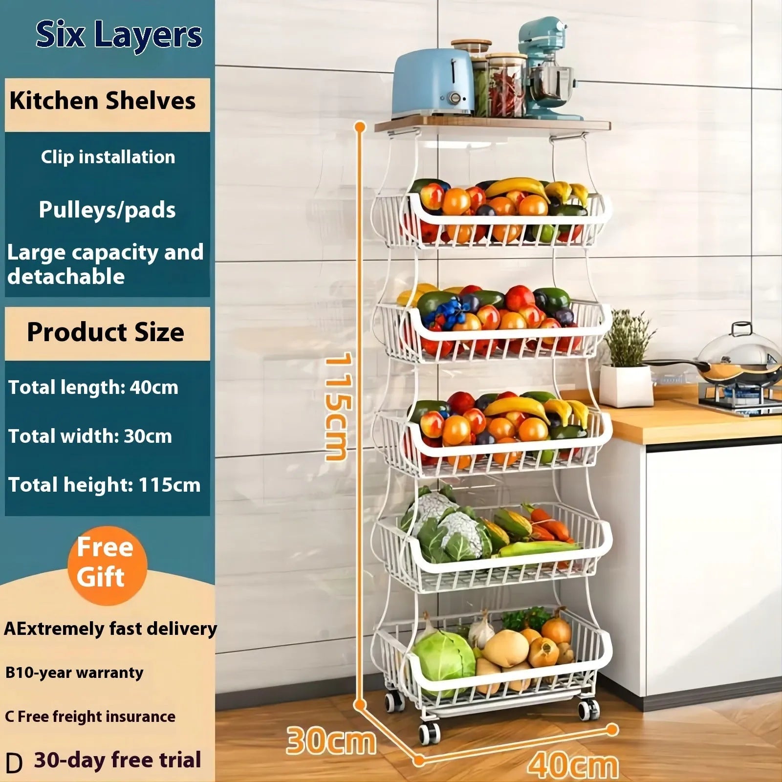 Black freestanding six-layer metal kitchen storage shelf unit on a floor.
