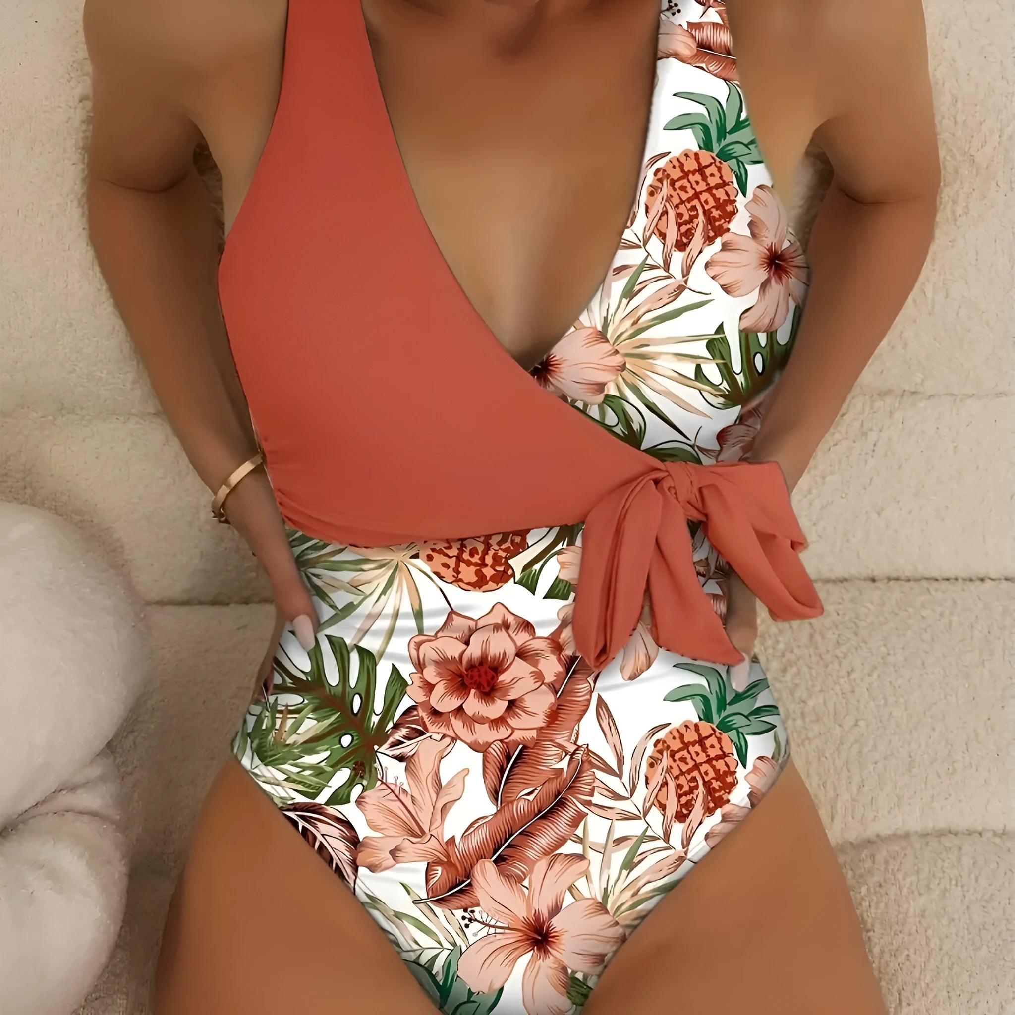 Women's one-piece swimsuit with multicolor tropical plants print, polyester, sizes S-XL