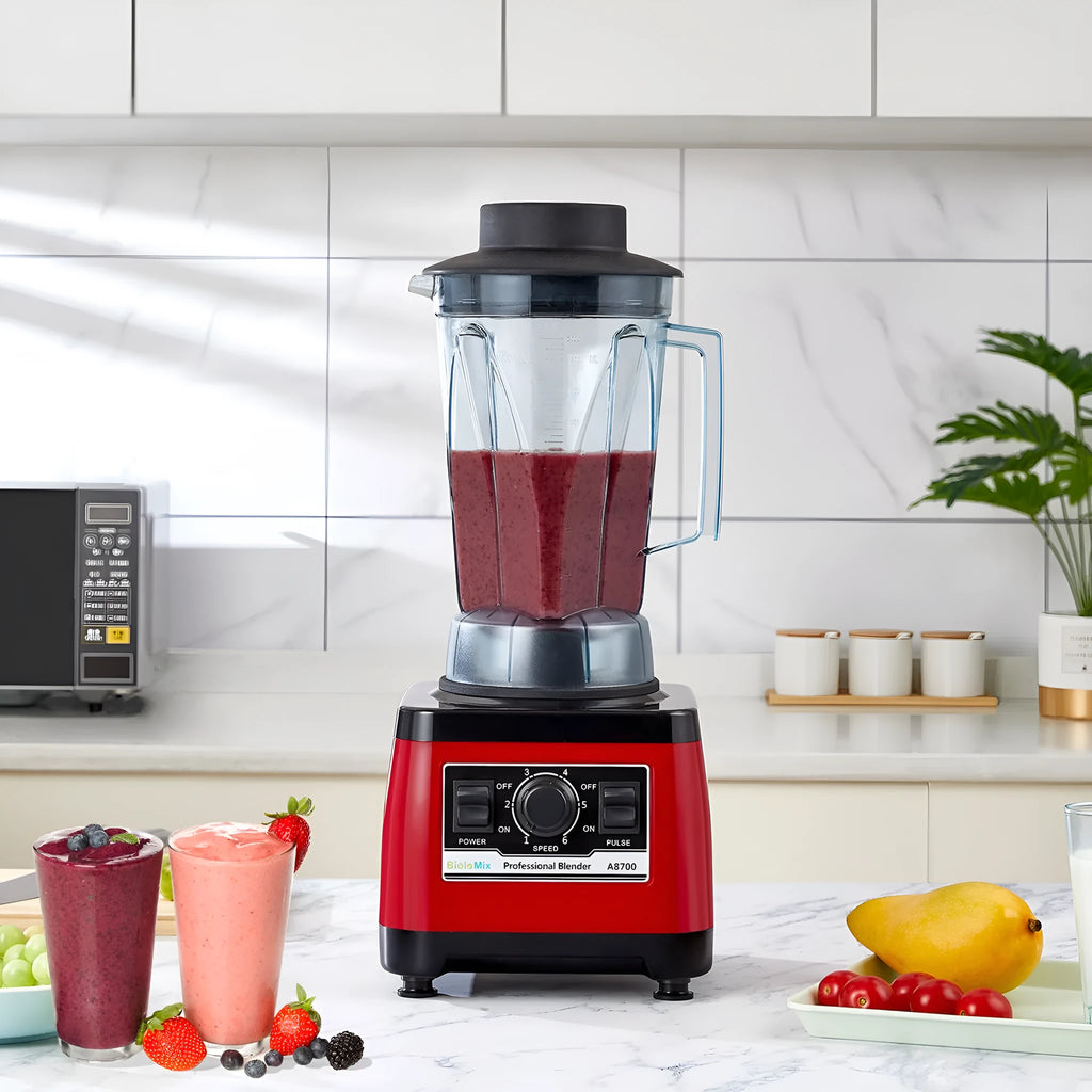 Red industrial commercial blender with stainless steel jug, model A8700, 2200W motor
