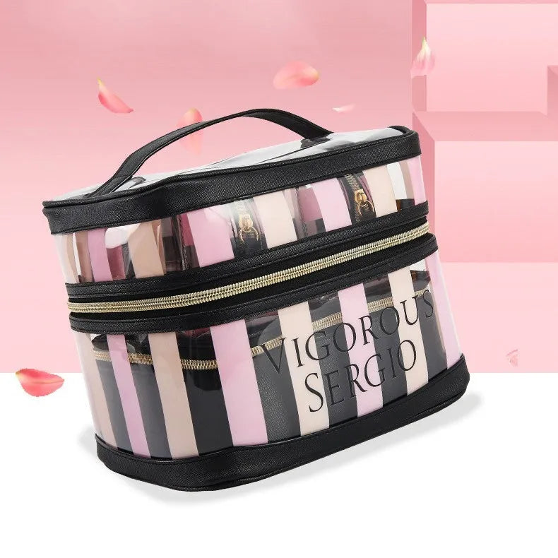 Pink bold stripes floral pattern synthetic leather makeup bag with waterproof function