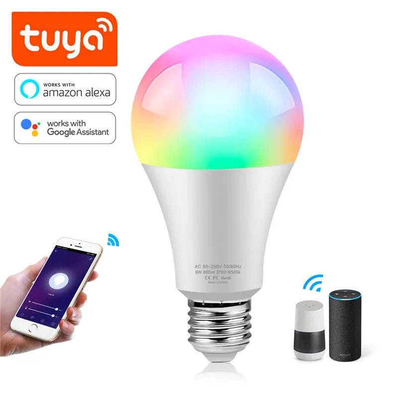 Tuya WiFi RGB smart bulb with E27 screw base, 10W-18W options, works with Alexa and Google Home
