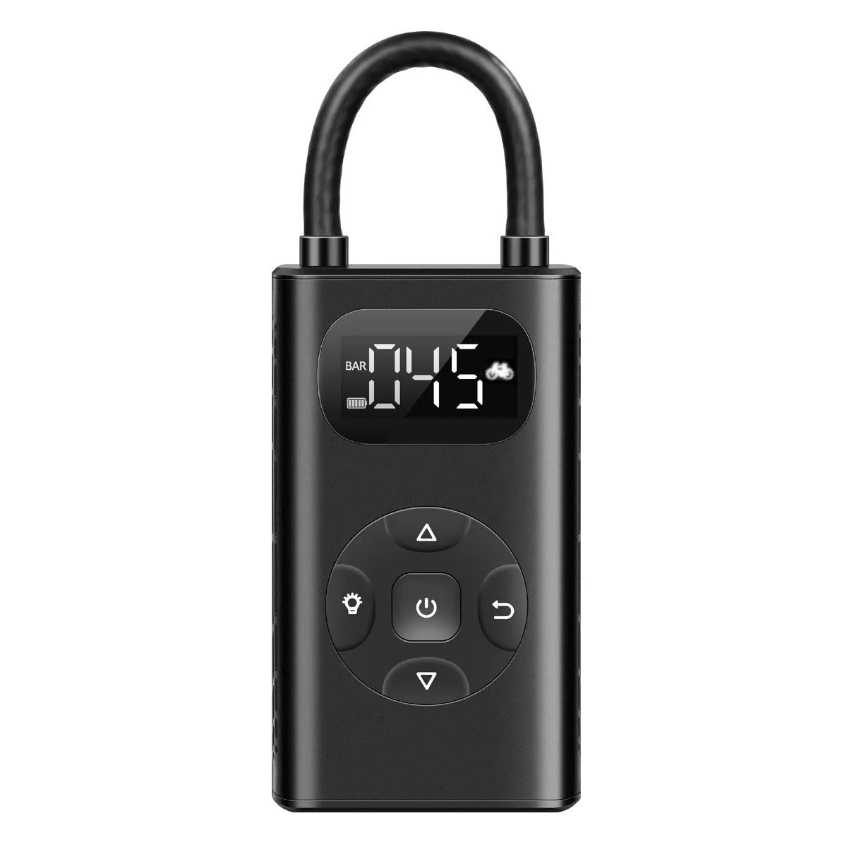 Black aviation aluminium portable power bank tyre inflator with digital display and hose for cars and bikes.