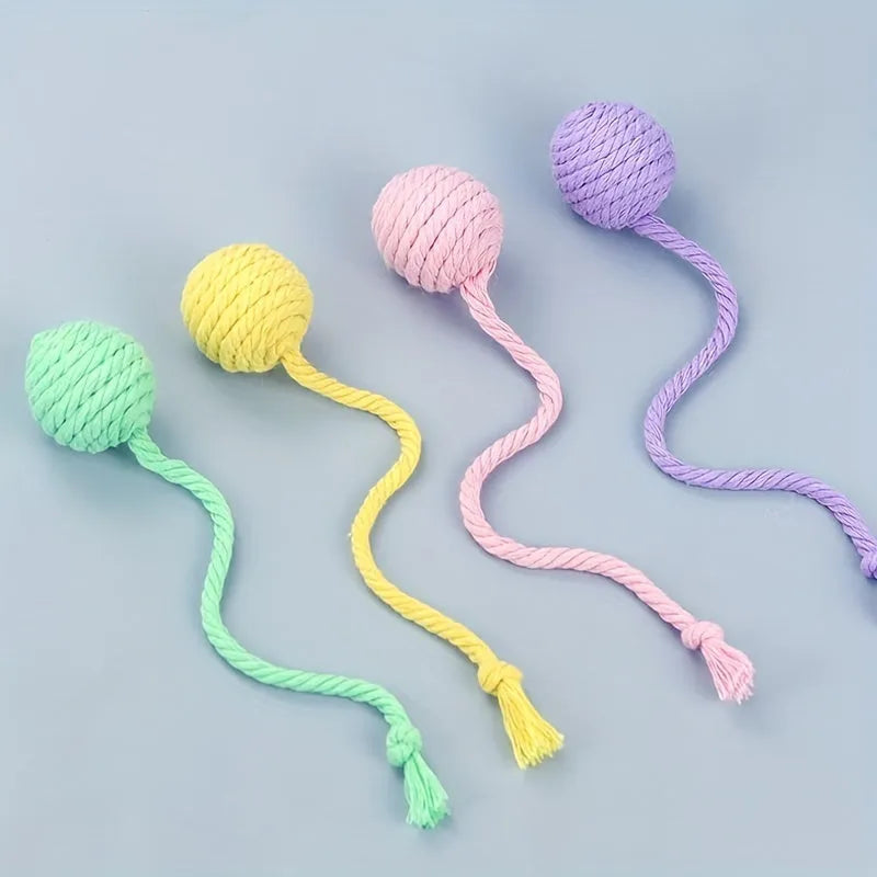 Cat toy ball with attached rope and bell in green, pink, purple or yellow colours showing 6cm and 3cm size comparison