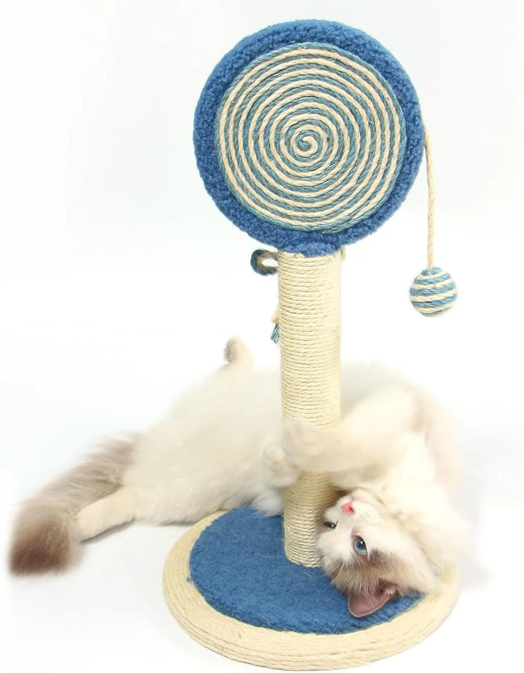 Blue cat scratching post with sisal rope centre and a hanging ball on a sturdy wooden base.