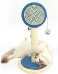 Blue cat scratching post with sisal rope centre and a hanging ball on a sturdy wooden base.