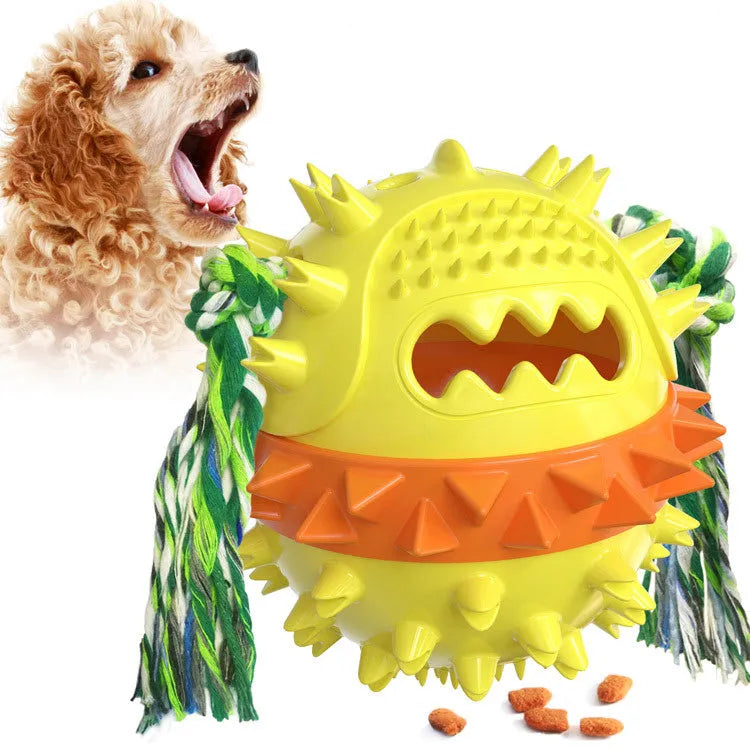Blue and red TPR rubber dog ball chew toy with rope attachment and treat dispenser hole.