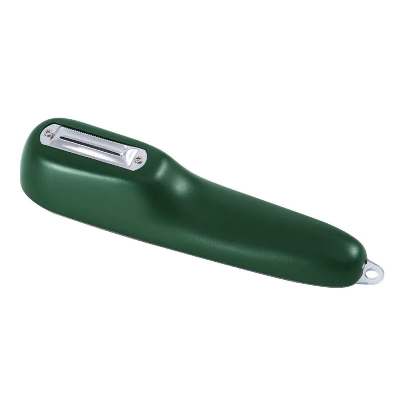 Dark green kitchen peeler with stainless steel blade stored in its tube, next to a potato.