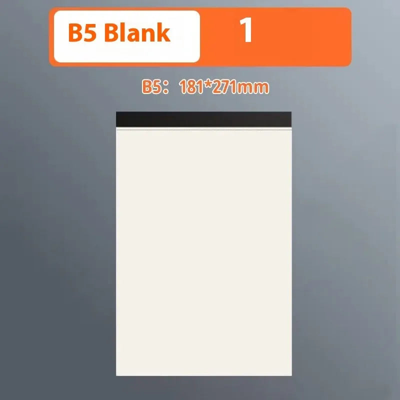 Set of A5, B5, and A4 writing pads showing blank, grid, and horizontal line page styles.